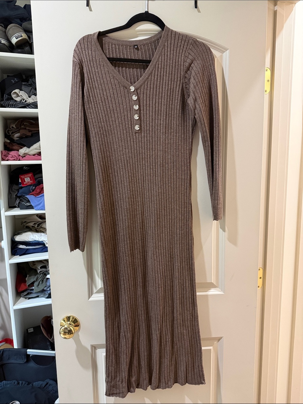 Ribbed Long Sleeve V-Neck Knit Dress — Brown